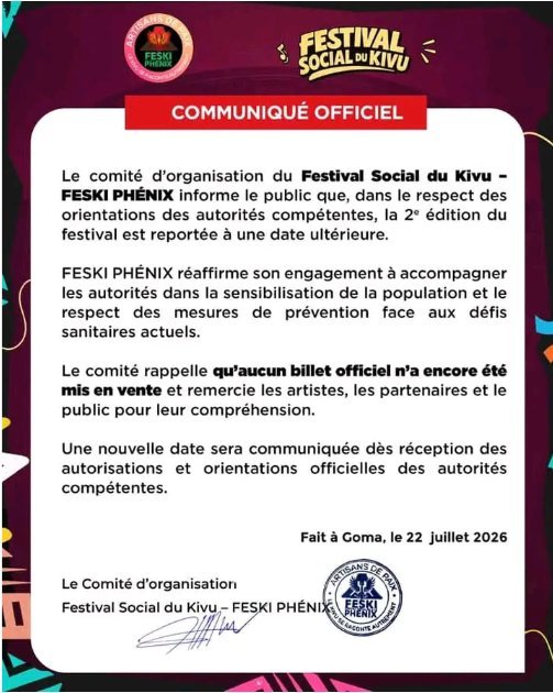 Goma : la deuxième édition du FESKI PHÉNIX reportée, les organisateurs attendent une nouvelle date