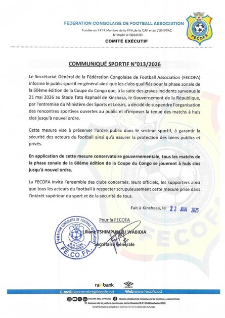 Coupe du Congo de football : la Fécofa décrète le huis clos pour tous les matches de la phase zonale