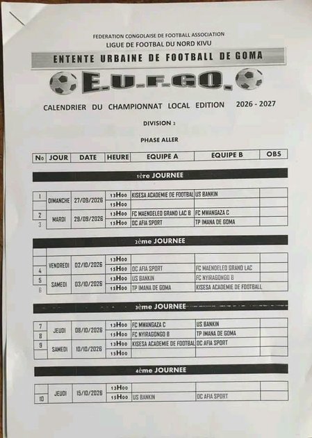 Goma : l’EUFGO annonce le démarrage de la saison 2026-2027