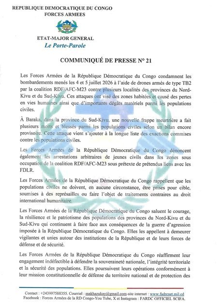 RDC : les FARDC accusent la coalition RDF/AFC-M23 de nouveaux bombardements contre des zones civiles au Nord-Kivu et au Sud-Kivu