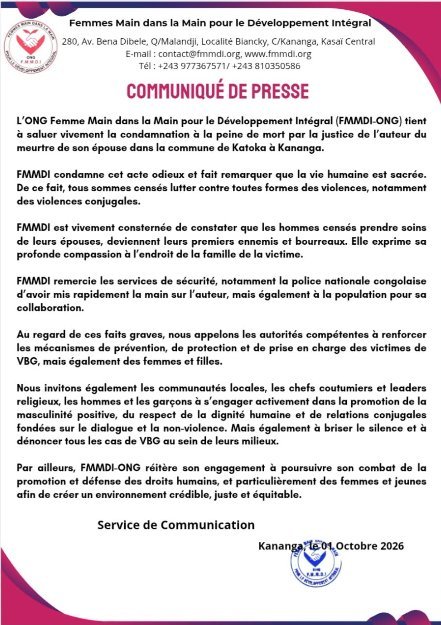 Kasaï-Central : la FMMDI salue la condamnation à mort de l’auteur du meurtre de son épouse à Kananga