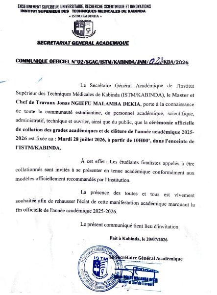 Kabinda : l'ISTM fixe au 28 juillet la collation des grades académiques et la clôture officielle de l'année 2025-2026