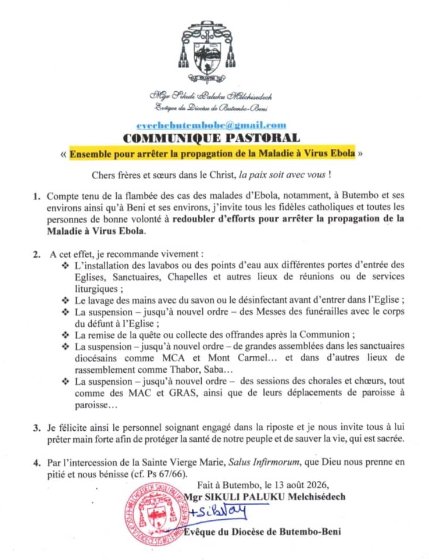 Ebola à Butembo-Beni : Mgr Melchisédech Sikuli appelle les fidèles catholiques à redoubler d’efforts pour freiner la propagation du virus