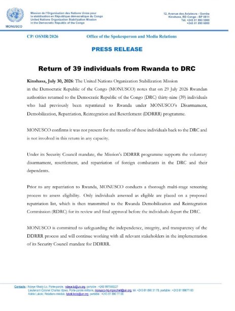 RDC : la MONUSCO dément toute implication dans le retour des 39 personnes expulsées du Rwanda