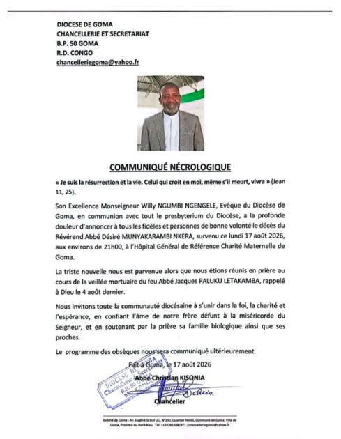 Diocèse de Goma : nouveau décès d’un prêtre, deux semaines après celui de l’abbé Letakamba