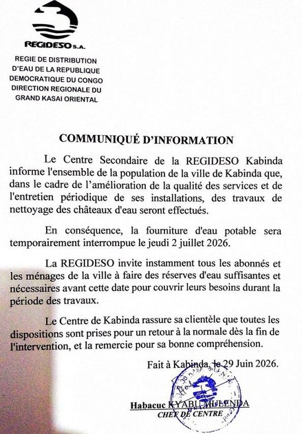 KABINDA : la REGIDESO annonce une interruption temporaire de la desserte en eau potable pour des travaux de maintenance