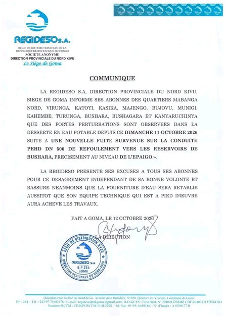 Goma : une fuite sur la conduite de Bushara perturbe la distribution d’eau dans douze quartiers