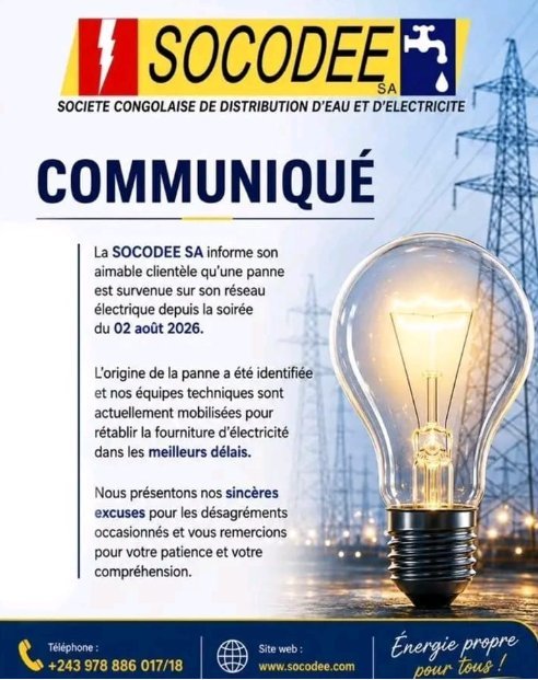 Goma : l’électricité rétablie après près de 48 heures de coupure dans les quartiers desservis par la SOCODEE