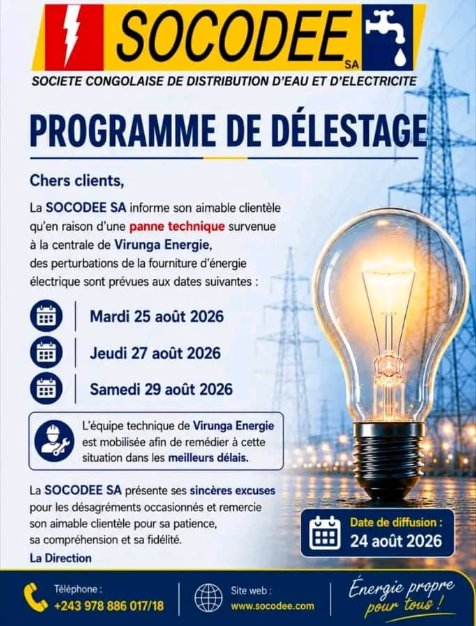 Goma : de nouvelles perturbations électriques annoncées les 25, 27 et 29 août sur fond de panne à la centrale de Virunga Energies