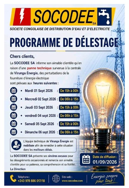 Goma : la SOCODEE annonce de nouvelles perturbations électriques jusqu’à dimanche