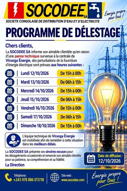 Goma : la SOCODEE annonce sept jours de perturbations électriques après une panne à Virunga Énergie