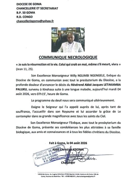 Goma : l’abbé professeur Jacques Marie Letakamba Paluku s’est éteint, le diocèse perd une figure de l’Église et du monde académique