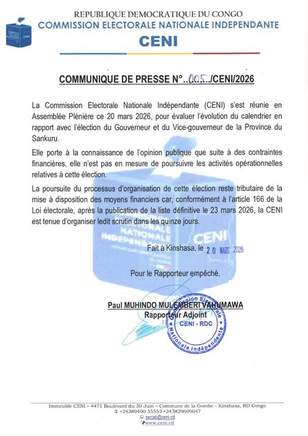SANKURU : La CENI contrainte de reporter l’élection du gouverneur faute de moyens financiers.