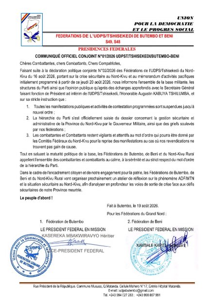 Nord-Kivu : sur injonction de sa hiérarchie politique, l’UDPS suspend ses manifestations contre le gouverneur militaire Kakule Somo Evariste