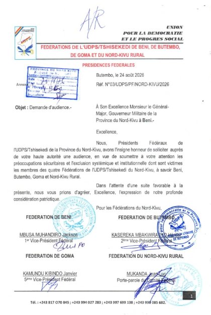 Nord-Kivu : les fédéraux de l’UDPS-Tshisekedi réclament une audience avec le gouverneur militaire sur la sécurité et leur exclusion présumée
