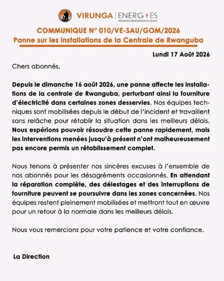Goma : une panne à la centrale de Rwanguba perturbe l’alimentation électrique